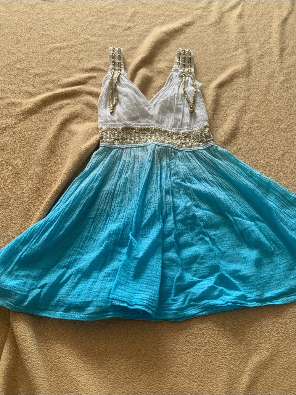 White & Turquoise Greek Grecian goddess dress gold threading